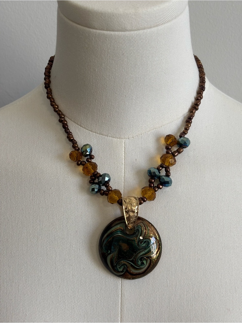 Jules B Murano Brown and Teal Glass Pendant Necklace